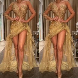 Shiny Gold One Shoulder Prom Dresses 2020 Lovertjes Applicaties Lange Mouwen Mermaid Avondjurk Afrikaanse Partij Vestido