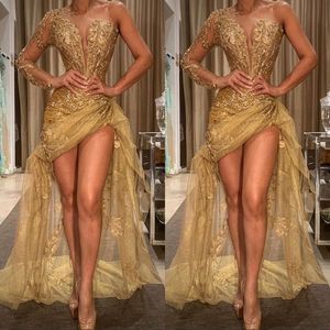 Shiny Gold One Shoulder Prom Dresses 2020 Lovertjes Applicaties Lange Mouwen Mermaid Avondjurk Afrikaanse Partij Vestido