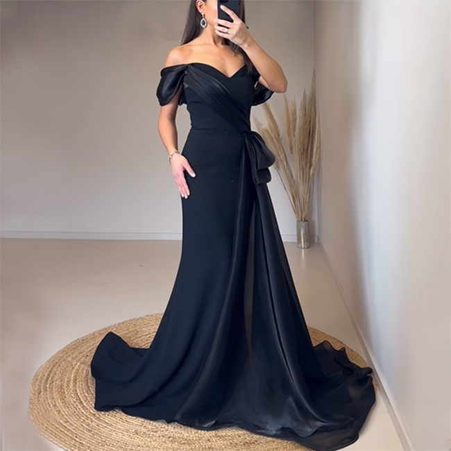 Off schouder zeemeermin avondjurk lange formele jurk zwarte crêpe prom feestjurk met trein