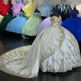 Off Schouder Prinses de Kralen Kwastje Baljurk Quinceanera Jurken Lovertjes Applicaties Corset Zoete Vestidos De 15 Anos