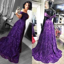 Off schouder paars de elegante prom -jurken pailletten schittering trein satijn tule ruched plooien avondfeestjurk plus size maat