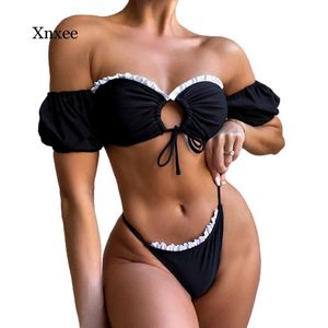 Off Hombro Ruffled Patchwork Maid Bikini 2 piezas Set Mujeres Traje de baño Mujer Dulce Traje de baño Swim Lady Bañista Traje de baño Mujer