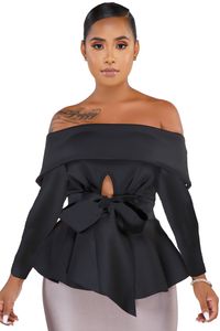 Off Shoulder Sexy Blouse Tops Hollow Out Front Met Taille Riem Lange Mouwen Peplum Bluas Party Wear Female Women Spring Fashion 210416