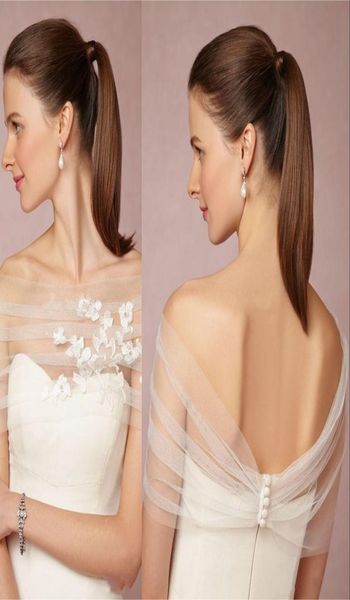 Off épaule sexy bon marché Simple Bridal Bolero Jacket Wraps White Ivory Lace Appliques Tulle Illusion Bouton arrière Formal Bridal Wrap 6667556