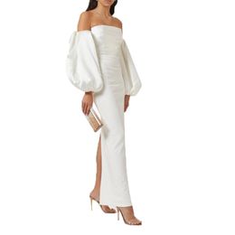 Robe de soirée de gaine hors épaule longue robe de bal de fête formelle satin blanc avec manche