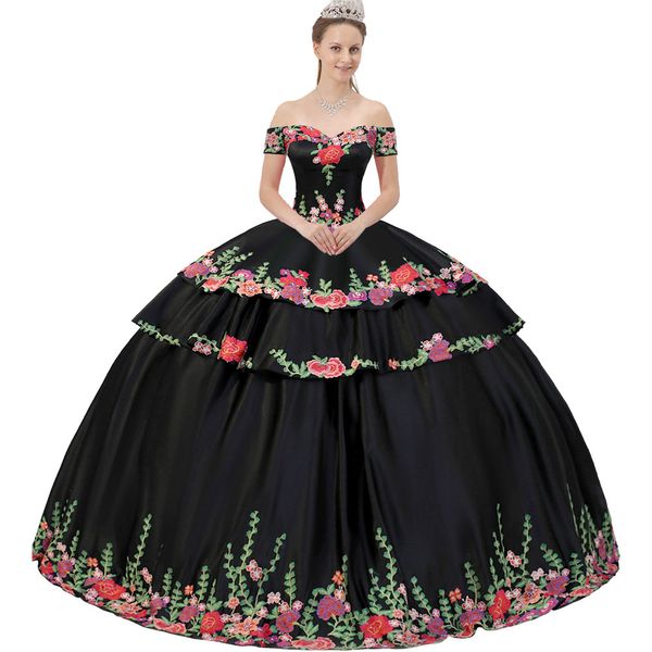 Vestido de quinceañera desmontable de 2 piezas, manga corta, hombros descubiertos, apliques coloridos florales negros, dobladillo escalonado