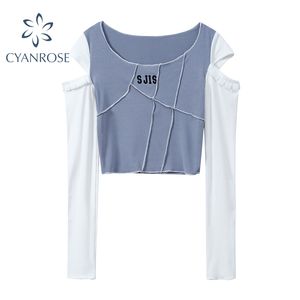 Off Shoulder Skinny Cropped T-shirt Dames Lange mouw Bodycon E-Girl Esthetic Vintage Onregelmatige Patchwork Tees en Tops Vrouw 210417