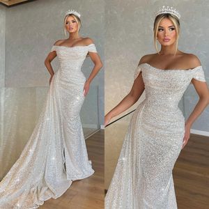 Vestidos de novia de lentejuelas de sirena brillantes con hombros descubiertos, vestidos de novia de manga corta con tren desmontable, hechos a medida