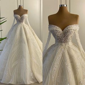 Off-shoulder stijlvolle trouwjurken parels kralen bruidsjurken lange mouwen op maat gemaakte romantische kant vestido de novia