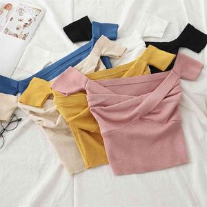 Off Shoulder Sweater Dames Sexy Solid Plooited Crop Tops Kleine Size Highstreet Summer Sweaters voor 210607