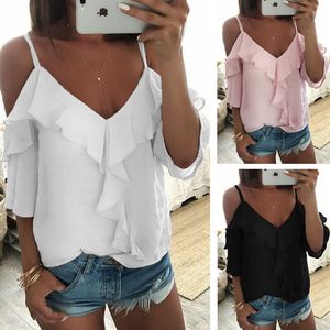 Off Shoulder Top Blouse Dames Half Mouw Spaghetti Riem Ruche Womens Tops en Blouses Zomer Wit Shirt Blusa 210426