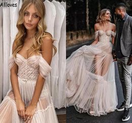 Off Shoulder Tule geplooid een lijn trouwjurken voor bruiden sexy zie door kant boho land elegante bruids douche verloving jurken chique gewaden de mariee CL1661