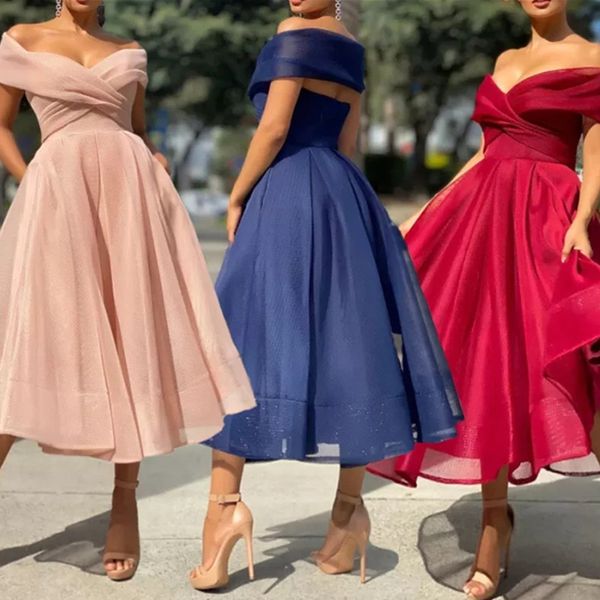 Vestidos de fiesta de tul con hombros descubiertos, longitud del té, vestidos de fiesta de noche formales con bolsillos, vestido de fiesta de línea A 328 328