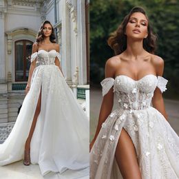 Vestidos de novia con hombros descubiertos, corpiño de encaje con flores en 3D, vestido de novia de manga corta con abertura lateral