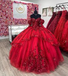 Uit De Rode Schouder Baljurk Quinceanera Jurken Voor Meisjes Lovertjes Tiered Verjaardagsfeestje Jurken Afstuderen Prom Sweet S