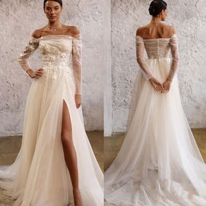 Hors de l'épaule une ligne sirène robes de mariée en dentelle pleine manches transparentes robe de mariée haute fendue robes en tulle