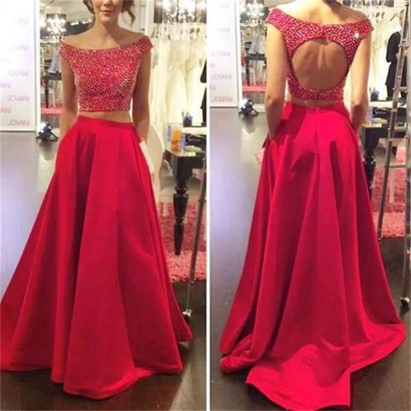 Hors de l'épaule tout rouge perlé robe de soirée 2023 deux pièces en satin dos nu robe de bal sur mesure longue une ligne élégante robes formelles