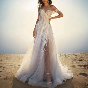 Uit de schouder Strand Trouwjurken Kant Appliqués Split A-lijn Lang Tule Boho Bruidsjurken Ruglooze Sexy Zomer Robe De Mariee Rechtertrein 2024