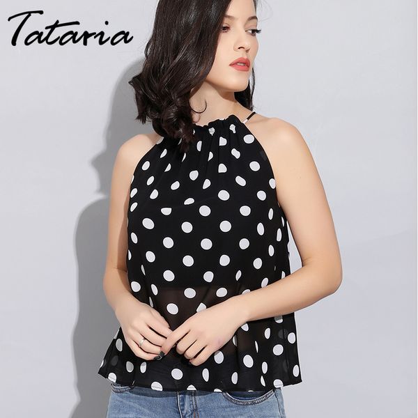 Fuera de la blusa del hombro Top para las mujeres sexy Black White Women's Polky Dot Camisa de gasa S Tops de verano sin mangas 210514