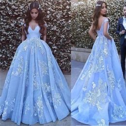 Uit de schouderblauwe prom -jurken blauwe sexy kanten applique baljurken real avonds jurk Vestidos de formatura longo