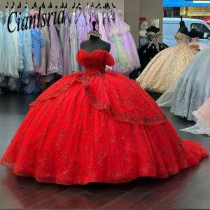Uit de schouderjurken 15 jaar rode stick quinceanera jurk zoete 16 baljurk prinses verjaardag jurken kanten appliques
