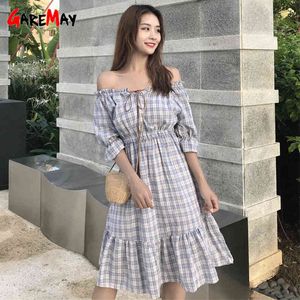 Hors de l'épaule Robes Femmes Vintage A-Line Bretelles Pour Summer Plaid Robe Robe Sundresses 210428