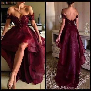 Uit de schouder High Low Bury Dress 2017 Sexy Backless Lace avondfeestjurken Open terug hi-lo prom jurken 0510