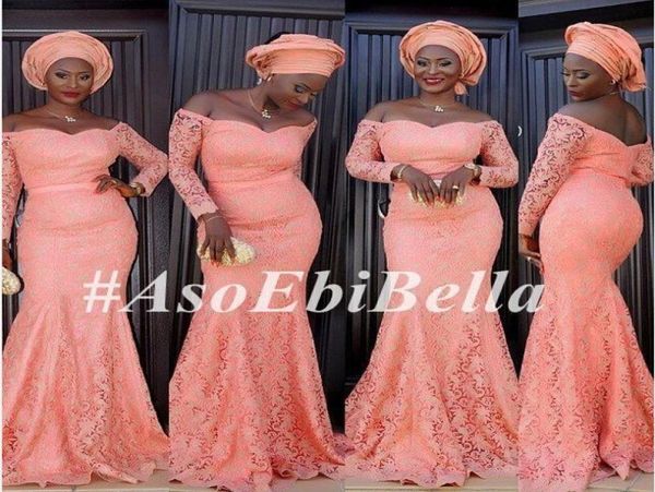 Hors l'épaule à manches longues en dentelle élégante robes de soirée de style ASO EBI plus taille 2016 Afrique Robes de soirée sirène Peach Prom PA9519451