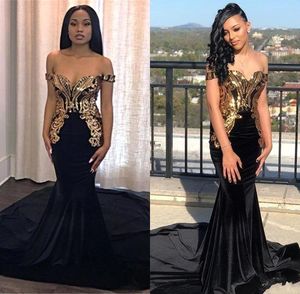 Off The Shoulder Mermaid Black Prom Dresses Gold Applique Sequin Prom Party Town Black Girls Formal Party Avondjurken