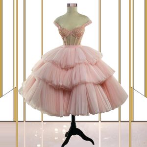 Off The Shoulder Pink Prom Dress Pailletten Corset Top Korte Avondjurken Tutu Rok Party Pageant Jurken