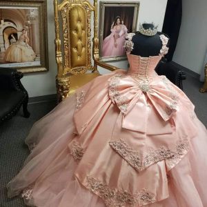 Hors de l'épaule rose robes de Quinceanera Appliqued perles boule robes de bal Sweet 16 robe robes de 15 ano