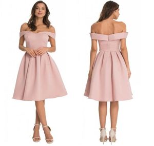 Uit de schouder prom -jurken blush roze geplooide knielengte satijnen backless cocktail avondjurken eenvoudige formele bruidsmeisje jurk6956756