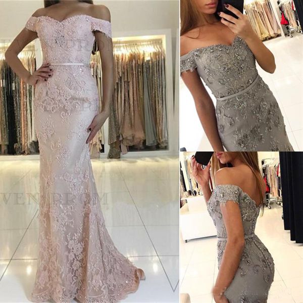 Fuera del hombro Vestidos de fiesta Largo 2019 Sirena Con cuentas Apliques de encaje Vestido de noche formal Vestido dulce 16 Mujeres Vestidos formales elegantes