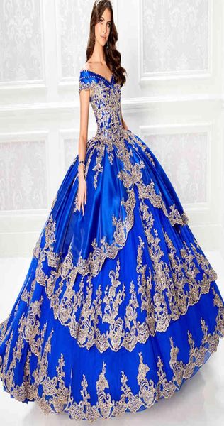 Hors l'épaule Robes de quinceanera bleu royal avec des robes de bal appliquées en or
