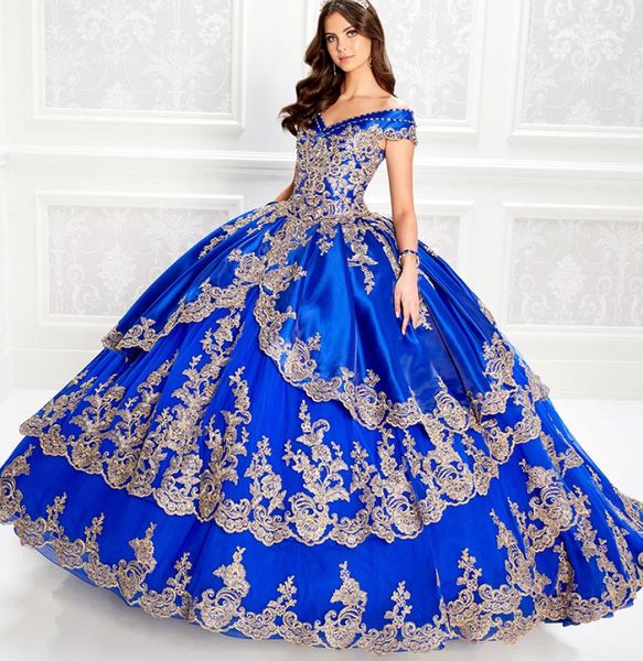 Hors l'épaule Robes de quinceanera bleu royal avec des robes de bal appliquées en or