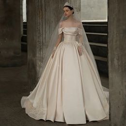 Robe de mariée en Satin, épaules dénudées, manches courtes, col sans bretelles, dos à lacets, perles appliquées, Robe de bal