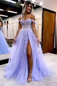Off The Shoulder Tulle Prom Dress for Women Laces Appliques Sequin A Line Formal Dresses with Slit