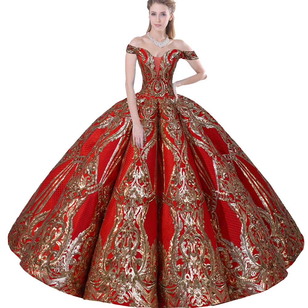Utanför axeln voluminös låda veckade välvda quinceanera -klänningar Jupon Tarlatan röd och guld gnistrande metallisk paljett spetsgolvlängd kjol för söt 16 fest