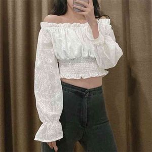 Off The Shoulder White Organza Blouse Shirt Dames Elegante Lange Mouw Zomer Crop Top Casual Korte Tops Sexy 210427