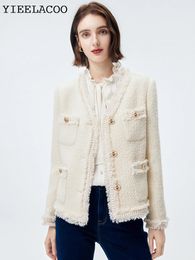 Off-White-Tweed-Jacke, professionell, V-Ausschnitt, Frühling, Herbst, Damen, Business-Einteiler, klassisch, 240116