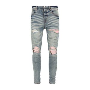 Offamiri Street Trendy Blue Hole Patching Pink Leather Design Slim Fit Jeans Boutique de haute qualité