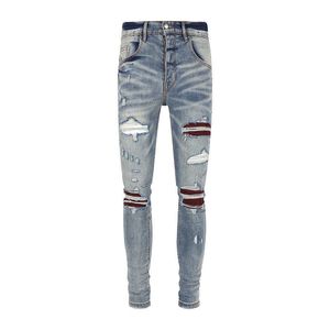 Offamiri marque à la mode vache noire lavée endommagé et utilisé Patchwork Mx1 élastique coupe ajustée jean hommes haute rue Ins