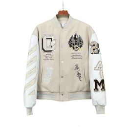 Offes Designer Veste Blanc Top Qualité Vestes Pour Hommes Hiver Marque Veste Mode Nouveau Manteau Bomber Brodé À La Main Hommes Et Femmes Baseball Loisirs Style Polyvalent