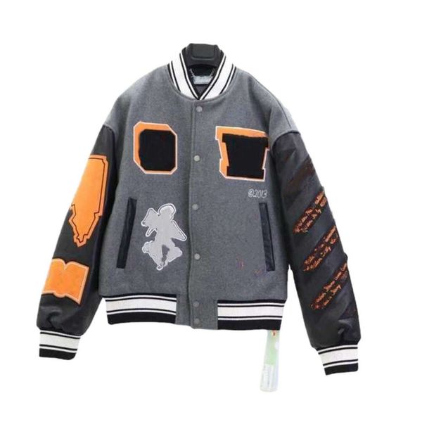 Offes Designer Veste Blanc Top Qualité Vestes Hommes Mans Automne Et Hiver Marque Et Amoureux Des Femmes OW Industrie Lourde Brodée Laine Épissée En Cuir Manches Bomber