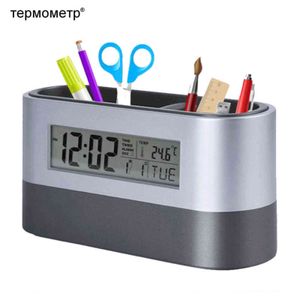 Outils de porte-stylo de stockage de bureau de bureau Conteneur de carte de visite avec réveil numérique Minuterie Calendrier Thermomètre de température 211112