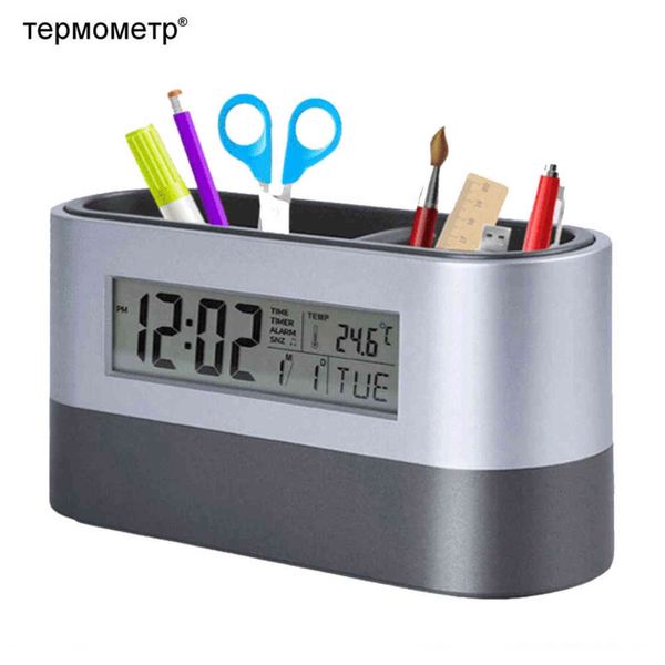 Office Desktop Storage Pen Holder Herramientas Nombre Tarjeta Contenedor con alarma digital Reloj Temporizador Calendario Termómetro de temperatura 211112