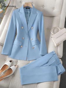 Kantoor Hoogwaardige dames broekpak Solid Color Women Business Work Wear Blazer Jacket en broek vrouwelijk formeel 2 -delige sets 240127 4017