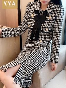 Office dames élégant Jacket à carreaux en tweed en tweed set en deux pièces Slim Coat High Taist Wrapes Fashion Women Femmes Matching Set 240426