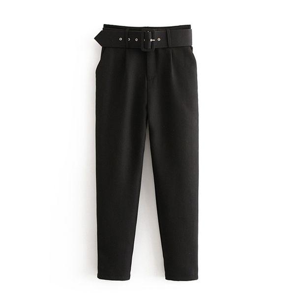 Bureau Lady Pantalon de costume noir avec ceinture femmes taille haute solide pantalons longs poches de mode Pantalons Pantalones LY191202