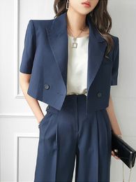 Kantoor dame blazer pakken zomer tweedelig set vrouwen korte mouw jas crop top top poot broek Korean ensemble femme 2 stuks 220812